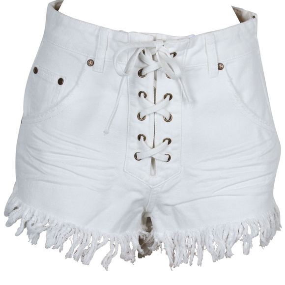 MINKPINK White Lace-Up Fringe High Waist Shorts - Picture 5 of 6